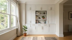 Custom-fitted built-in wardrobe kits neatly installed inside a bedroom alcove beside a chimney breast
