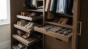 Detailed view of interior storage accessories inside modern built-in wardrobe kits