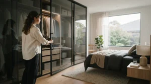 Sleek built-in wardrobe kits featuring smooth sliding mirror doors in a contemporary bedroom setup