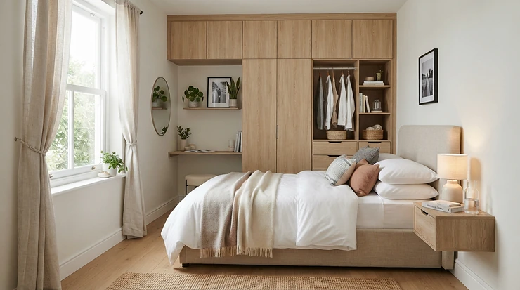 Space-saving built-in wardrobe kits maximising storage in a compact double bedroom
