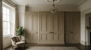 Classic shaker-style built-in wardrobe kits complementing a period property bedroom