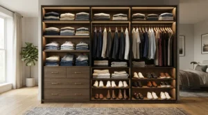 Luxurious walk-in dressing area designed with open-frame built-in wardrobe kits