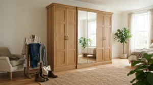 A practical family-sized freestanding wardrobe with mirror providing ample daily clothing storage in a busy household.