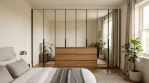 A fitted mirrored wardrobe with drawers tailored neatly into a bedroom alcove space.