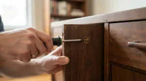 A person using an allen key for flat-pack disassembly of a freestanding wardrobe for rented flat.