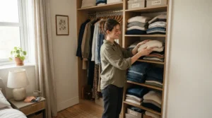 A compact freestanding wardrobe for rented flat fitting neatly into a small bedroom corner with clothes hanging inside.
