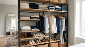 An open-layout freestanding wardrobe for rented flat showcasing organized folded jumpers and hanging rails.