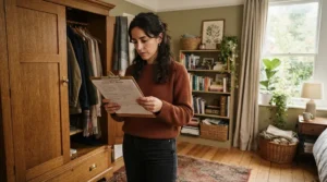 A tenant checking rental furniture guidelines next to a freestanding wardrobe for rented flat without wall fixings.