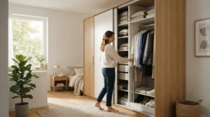 A sleek freestanding wardrobe for rented flat with space-saving sliding doors in a narrow hallway.