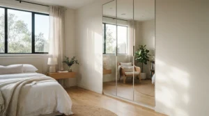 A modern freestanding wardrobe for rented flat featuring full-length mirrored doors in a bright double bedroom.