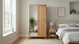 A stylish freestanding wardrobe with mirror positioned against a neutral grey wall in a contemporary British master bedroom.