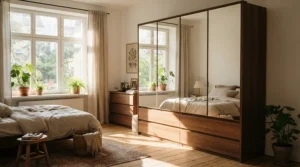 A large mirrored wardrobe with drawers bouncing natural daylight around a master bedroom.