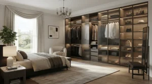 A luxury sliding door wardrobe featuring frosted glass panels in an elegant master bedroom suite.