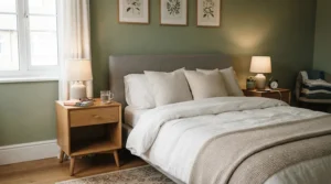 An affordable matching bedside set for couples positioned neatly in a neutral-toned master bedroom.
