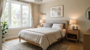 A budget-friendly matching bedside set for couples styled in a compact modern bedroom under £150.