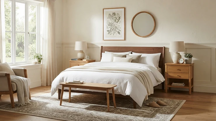 A stylish double bed furniture layout featuring a matching bedside set for couples.