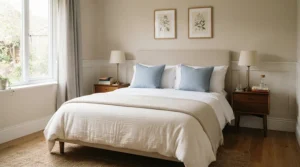 His-and-hers matching bedside set for couples featuring matching reading lamps and alarm clocks.