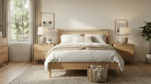 Scandi-inspired matching bedside set for couples with light wood finishes and simple drawers.