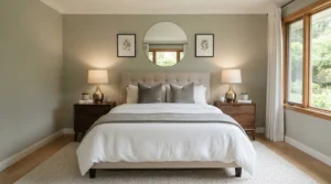 Symmetrical bedroom styling showing a matching bedside set for couples with minimalist decor.