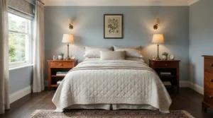 Traditional solid oak matching bedside set for couples with classic brass handles.