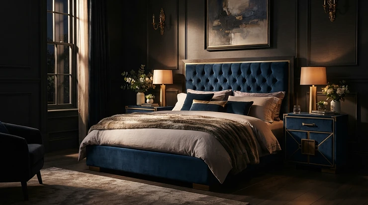 Luxury hotel-style master bedroom featuring upholstered matching bedside table sets