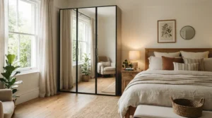 Fitted mirrored wardrobe for small flat layout, showing clever mirror placement to enhance a compact double bedroom.
