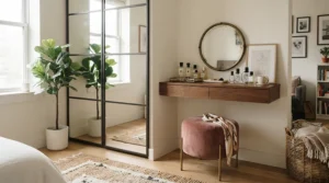 Custom mirrored wardrobe for small flat dressing room corner, combining storage and full-length mirror functionality.