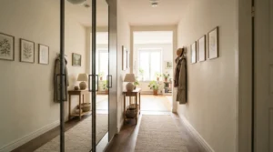 Space-saving mirrored wardrobe for small flat hallway, bouncing natural light into a narrow British apartment entryway.