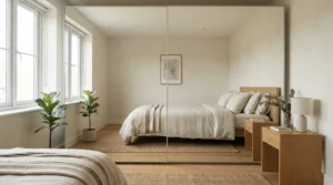 Minimalist mirrored wardrobe for small flat minimalist decor, offering clean lines and clutter-free storage.