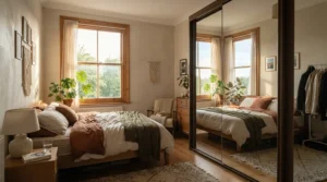 Illuminated mirrored wardrobe for small flat interior, demonstrating effective light bouncing in a dim room.