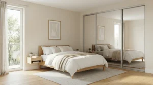 Sliding mirrored wardrobe for small flat bedroom, saving floor space where traditional swinging doors cannot fit.