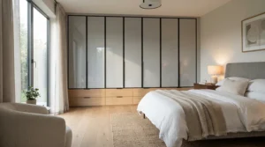 A stylish mirrored wardrobe with drawers reflecting light in a contemporary British bedroom setup.
