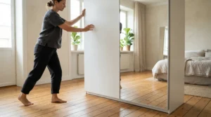 A flexible, movable freestanding wardrobe with mirror demonstrating versatile bedroom furniture arrangements in a rented flat.