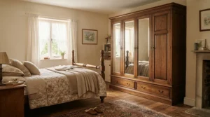 A classic wooden-trimmed mirrored wardrobe with drawers blending into traditional home decor.