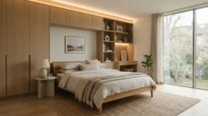 A sleek sliding door wardrobe installed in a contemporary London apartment bedroom, showcasing space-saving design.