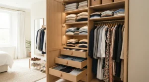 A sliding door wardrobe with internal storage drawers and shelving neatly organising folded clothes.