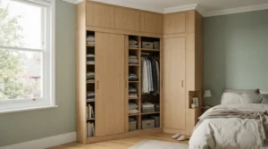 Compact sliding wardrobe for small flat fitted neatly into an awkward corner space.