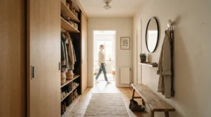 Custom sliding wardrobe for small flat utilised as clever hallway storage for coats and shoes.
