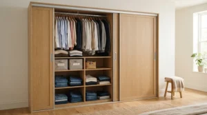 Open sliding wardrobe for small flat displaying custom interior rails and shoe shelving.