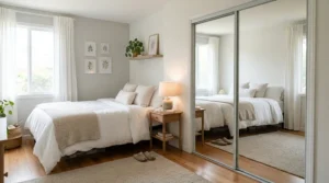 Mirrored sliding wardrobe for small flat reflecting light to make tight spaces feel much larger.