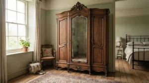 A traditional oak freestanding wardrobe with mirror adding classic character to a period property bedroom interior.