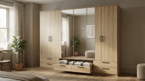 A triple-door mirrored wardrobe with drawers open to show ample clothing storage capacity.