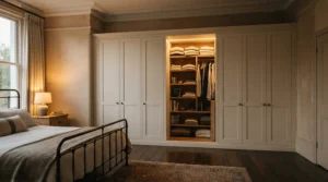 Built-in wardrobe storage for shared bedroom utilizing an awkward chimney alcove