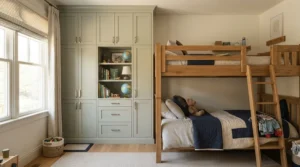 Fitted wardrobe storage for shared bedroom positioned next to bunk beds