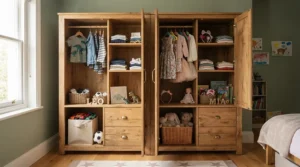 Divided wardrobe storage for shared bedroom with separate sections for two children