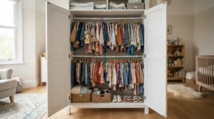 Double wardrobe storage for shared bedroom with dual hanging rails