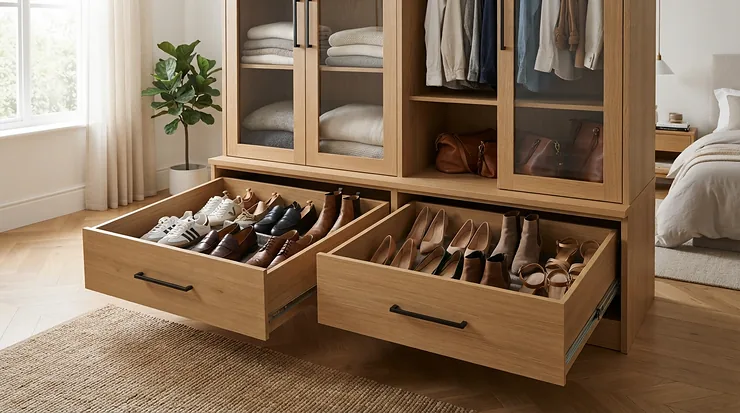 Wardrobe storage for shared bedroom incorporating lower pull-out drawers