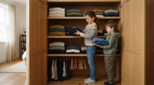 Custom wardrobe storage for shared bedroom featuring integrated shelving for sibling clothes