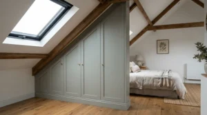 Custom angled wardrobe storage solutions fitted in a loft conversion bedroom