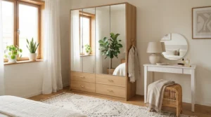 A white mirrored wardrobe with drawers styled as part of an elegant bedroom dressing area.